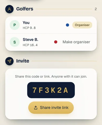 The invite screen with a six-character code and a share link button